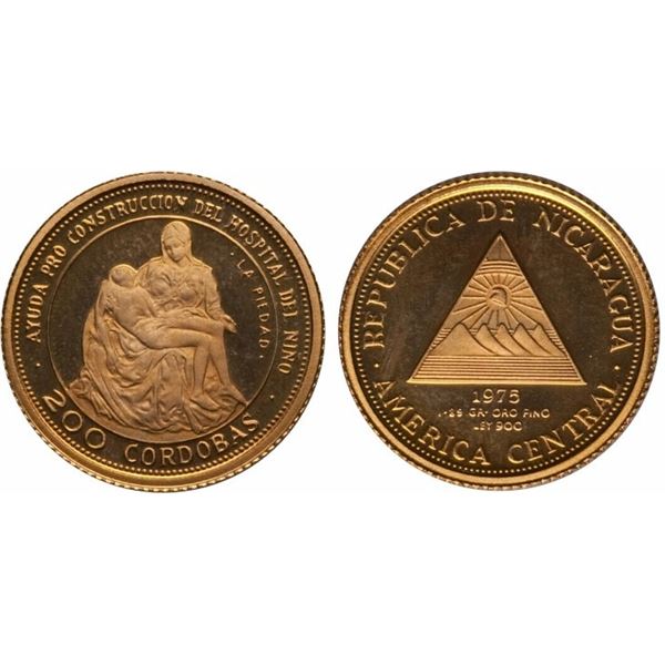 Republic of Nicaragua;  1975 200 & 500 Cordoba PROOF Gold Set in Wood Case holder.  AGW 0.2171 oz.