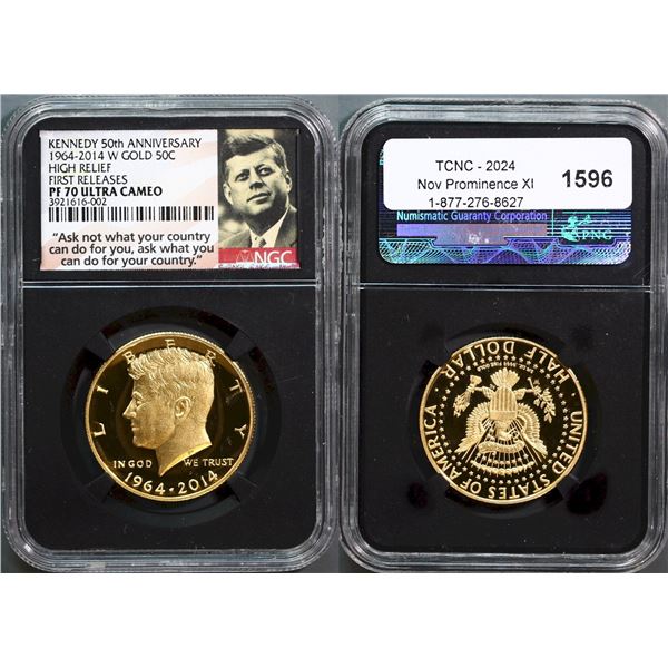 USA;  2014 50¢ Gold 1964-2014 Kennedy 50th Anniversary High Relief First Releases NGC Perfect PROOF-