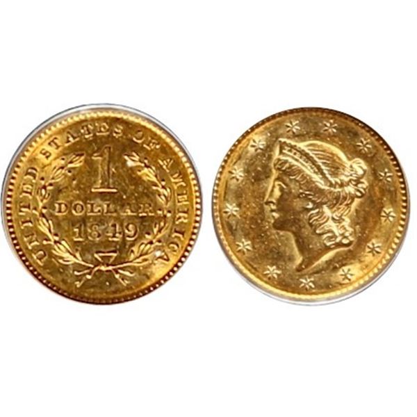 USA; 1849 $1 Gold Closed Wreath PCGS Choice About Uncirculated-53