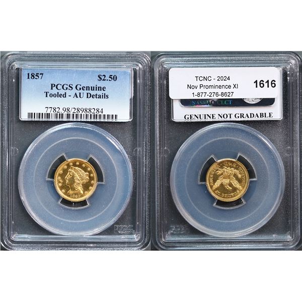 USA;  1857 $2.50 Gold PCGS Genuine Tooled- AU Details