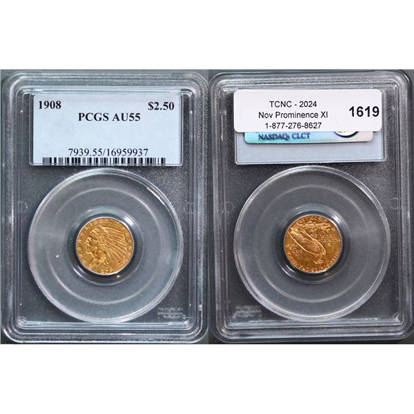 USA;  1908 $2.50 Gold PCGS Choice About Uncirculated-55