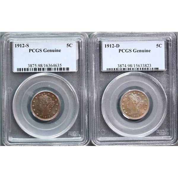 USA;  1912-D 5¢ & 1912-S both PCGS Genuine