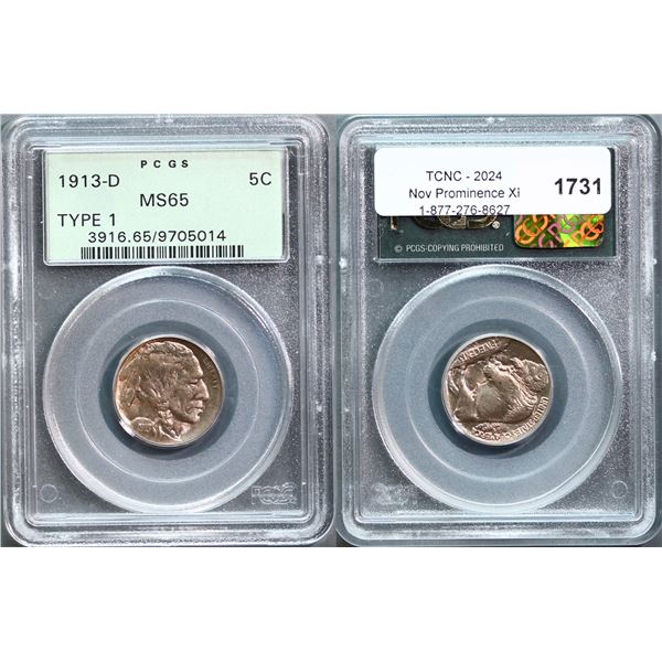 USA;  1913-D 5¢ Type 1 PCGS Gem Mint State-65