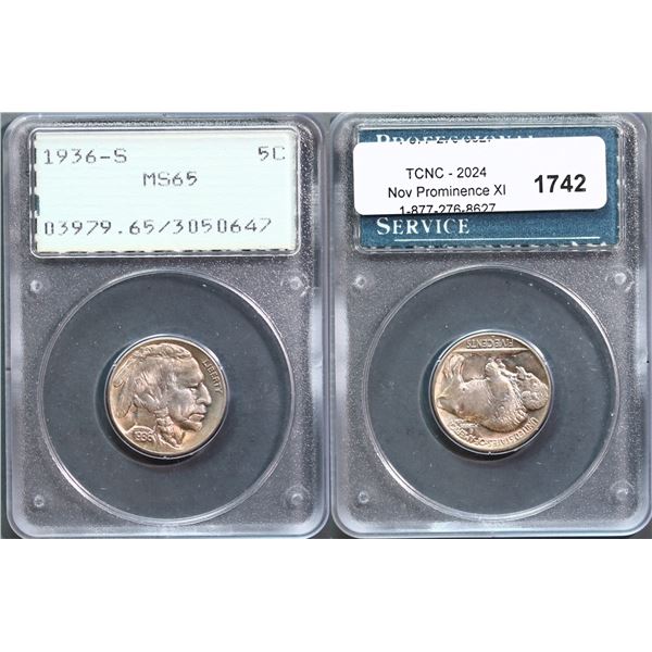 USA;  1936-S 5¢ PCGS Gem Mint State-65