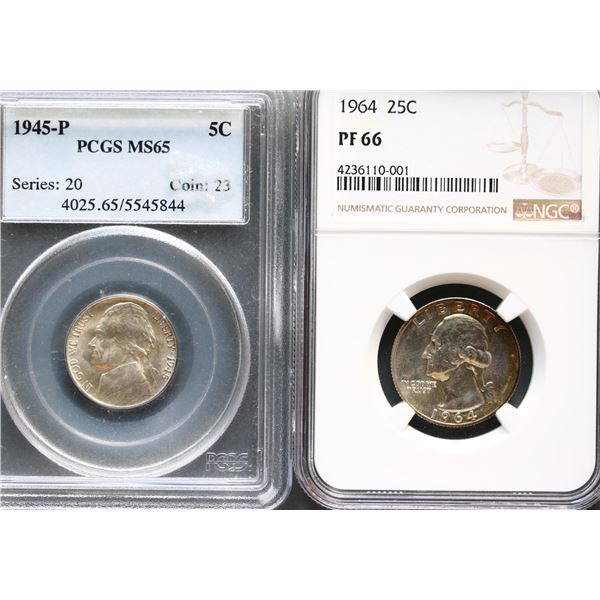 USA;  1945-P 5¢ PCGS Gem Mint State-65 & 1964 25¢ NGC Superb Gem PROOF-66.  Lot of 2 graded coins.
