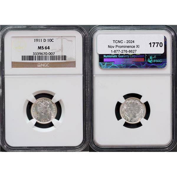 USA;  1911-D 10¢ NGC Choice Mint State-64