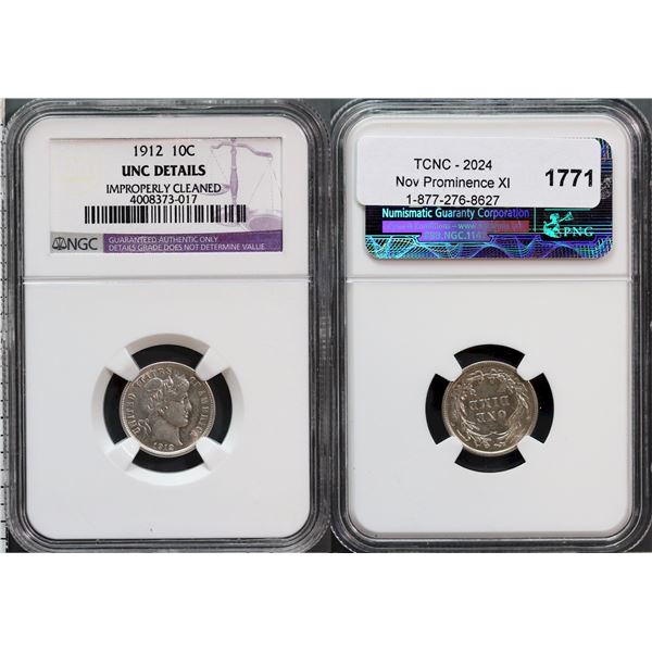 USA;  1912 10¢ NGC UNC Details Improperly Cleaned
