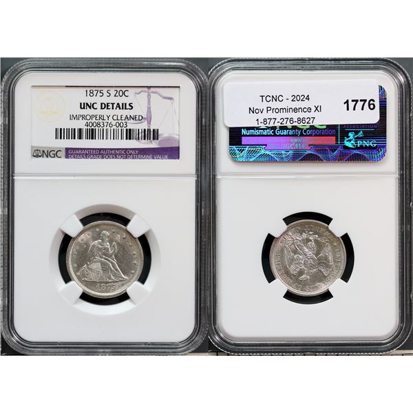 USA;  1875 20¢ NGC UNC Details Improperly Cleaned