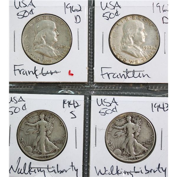 USA 1942-S 50¢, 1943, 1944, 1945-S, 1962, 1962-D, 1963-D, and 1963-D, all Fine to VF, lot of 8 coins
