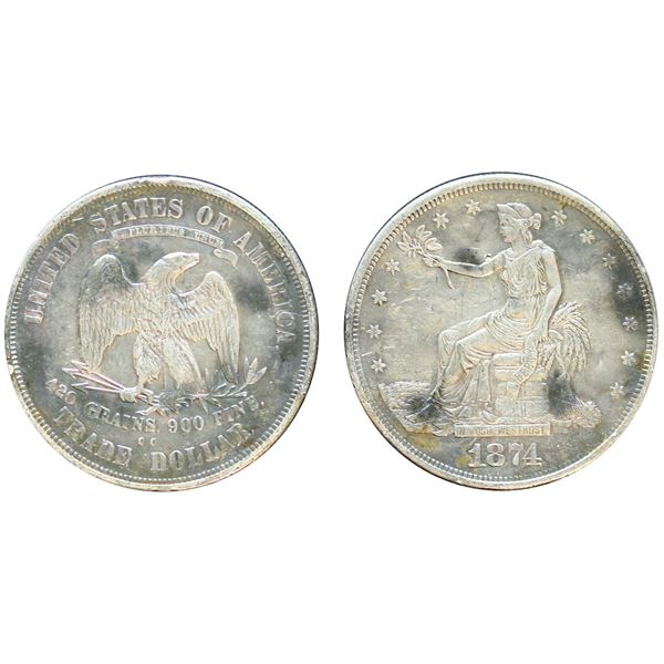 USA;  1874-CC $1 Trade Dollar EF some toning.
