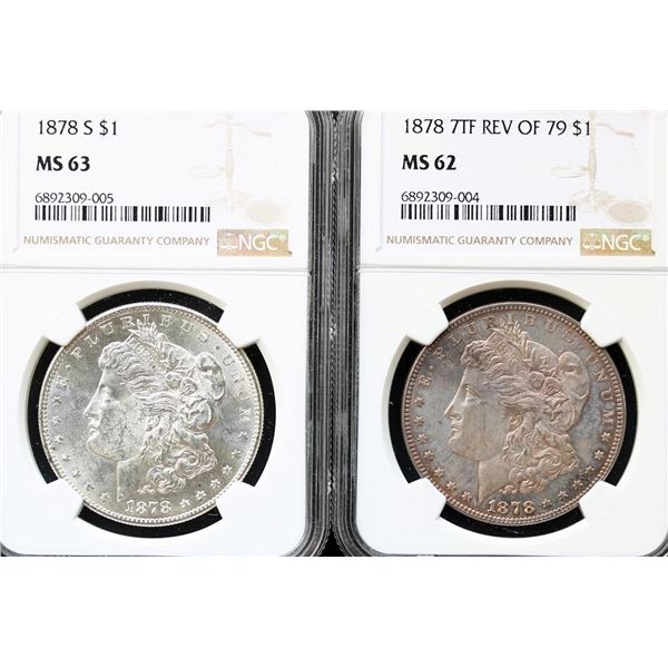 USA;  1878 $1 7TF Rev of 79 Choice Mint State-62 & 1878-S Choice Mint State-63.  Lot of 2 NGC graded