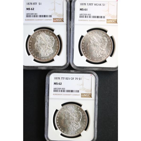 USA;  1878 $1 8TF, 7/8TF (Weak) & 7TF Rev of 79 all NGC Mint State-61 to Choice Mint State-62 graded