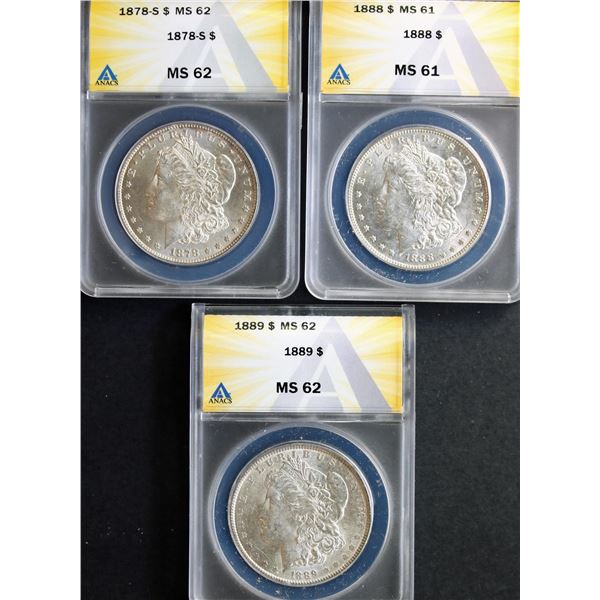 USA;  1878-S $1, 1888 & 1889 all ANACS graded Mint State-61 to Choice Mint State-62.  Lot of 3 coins