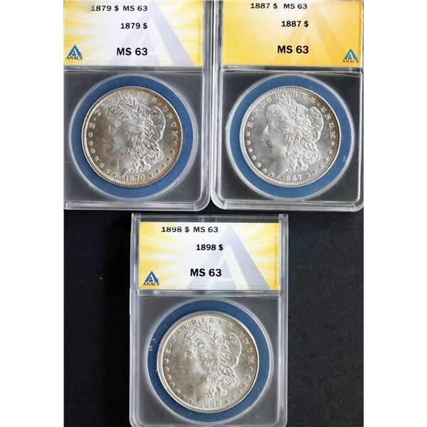 USA;  1879 $1, 1887 & 1898 ANACS Choice Mint State-63.  Lot of 3 coins.