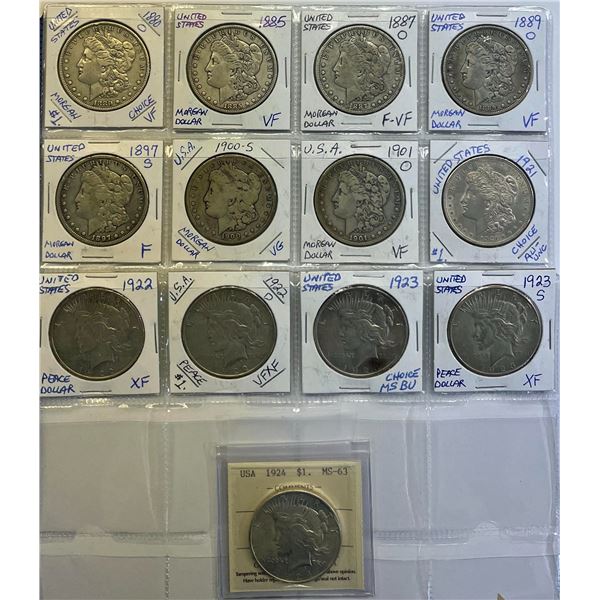 USA;  1880-0 $ to 1924.  Lot of 13 Silver Dollars Fine to AU average w/some exceptions.