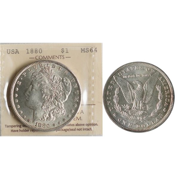 USA;  1880 $1 ICCS Choice Mint State-64.