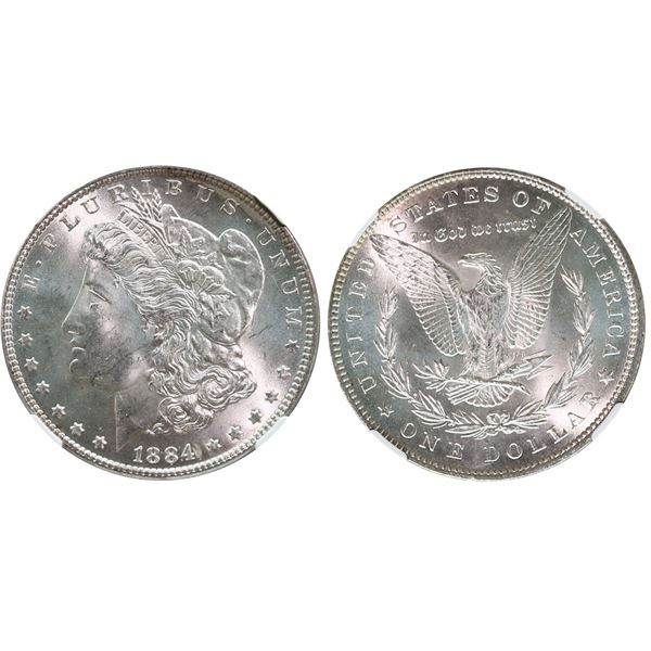 USA;  1884 $1 VAM-2A / E Clash, NGC Choice Mint State-64.  Bright white and lustrous example. HOT-50