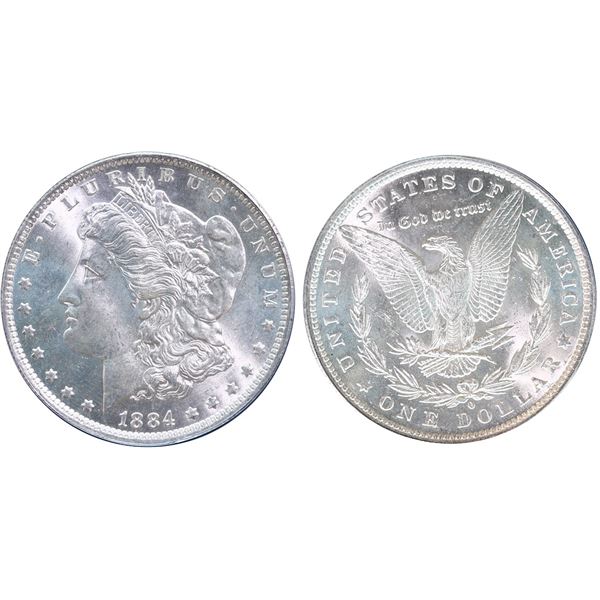 USA;  1884-O $1 ANACS Gem Mint State-65.  Bright white and lustrous Gem example.