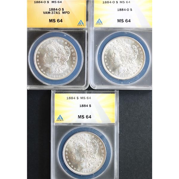 USA;  1884-O $1 VAM-37A1 MPD, 1884-O & 1884 all ANACS Choice Mint State-64 graded.  Lot of 3 Bright 