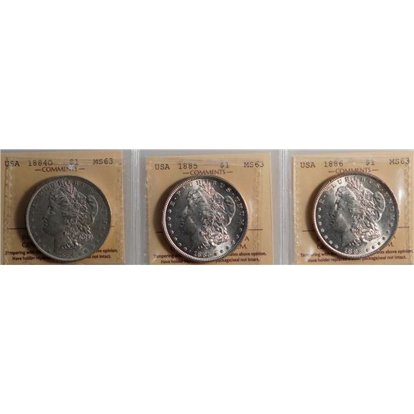 USA 1884-O $1, 1885, and 1886 all ICCS Choice Mint State-63, lot of 3 coins.