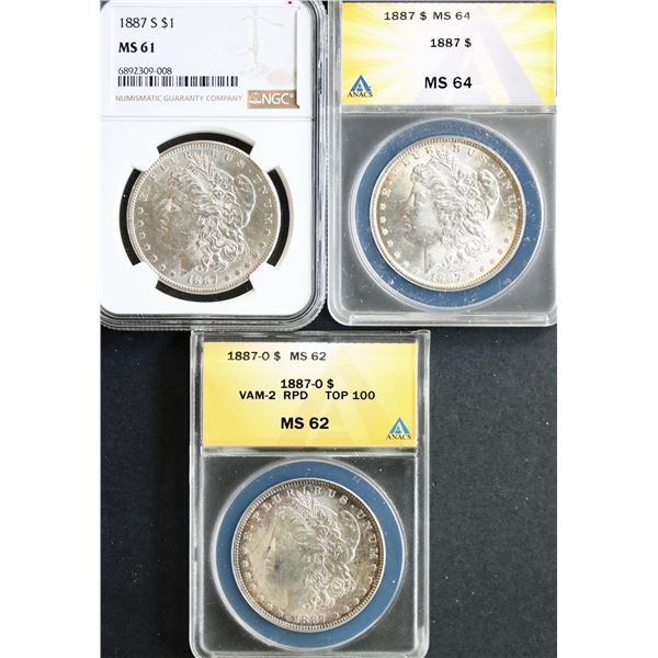 USA;  1887 $1 NGC Mint State-61, 1887 $1 ANACS Choice Mint State-64 & 1887-O Vam-2 ANACS Choice Mint
