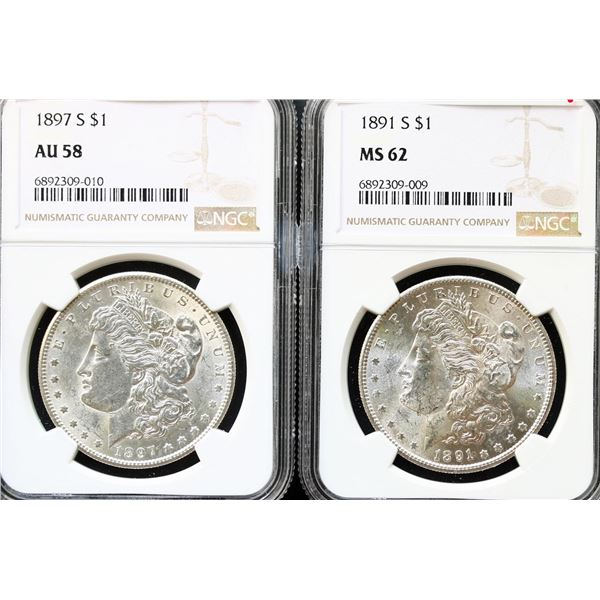 USA;  1891 $1 Mint State-62 & 1897 Choice About Uncirculated-58.  Lot of 2 blast white NGC graded co