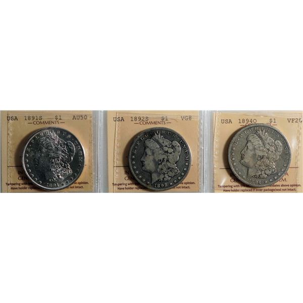 USA 1891- S $1 About Uncirculated-50, 1892-S VG and 1894-O Very Fine-20, all ICCS graded, lot of 3 B