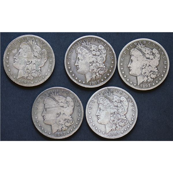 USA;  1892-S $1 VG to VF, lot of 5 coins.