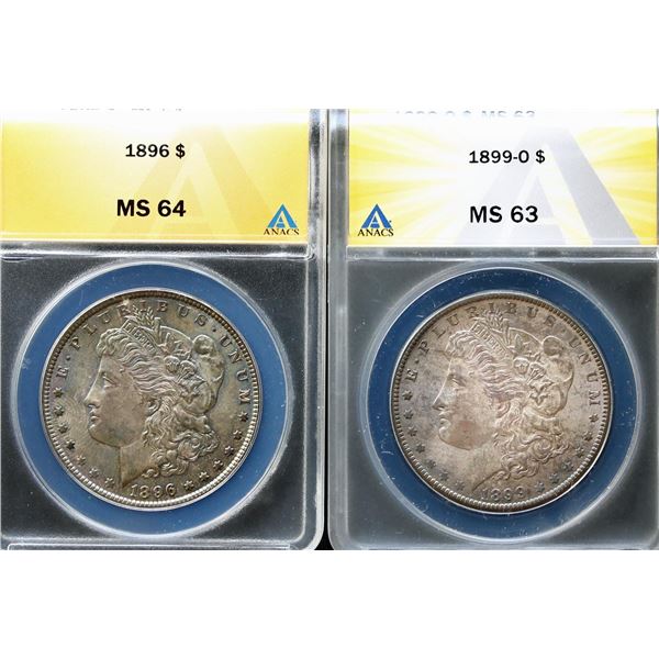 USA;  1896 $1 Choice Mint State-64 & 1899-O Choice Mint State-63.  Lot of 2 ANACS graded coins both 