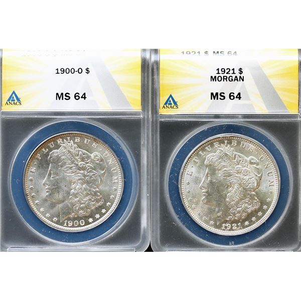 USA;  1900-O $1 & 1921 ANACS Choice Mint State-64.  Lot of 2 brilliant coins.
