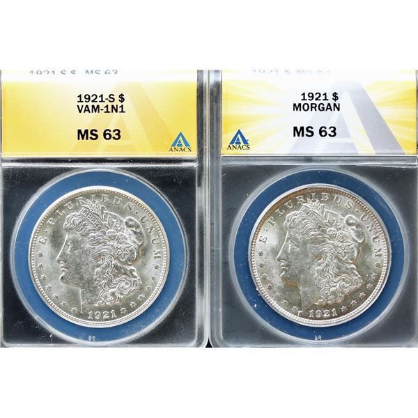 USA;  1921-S Vam-1N1 & 1921 ANACS Choice Mint State-63.  Lot of 2 coins.