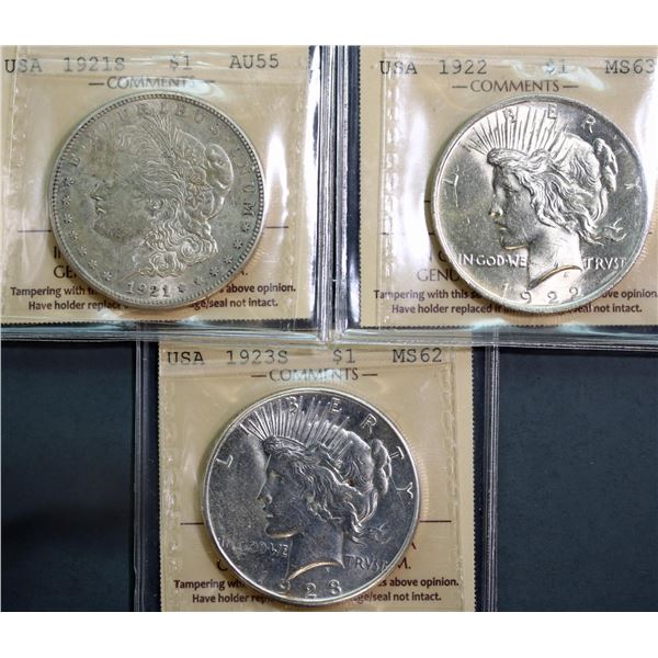 USA 1921-S $1 Choice About Uncirculated-55, 1922 Choice Mint State-63, and 1923-S Choice Mint State-