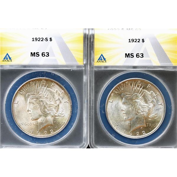 USA;  1922 $1 & 1922-S ANACS Choice Mint State-63.  Lot of 2 lustrous examples.