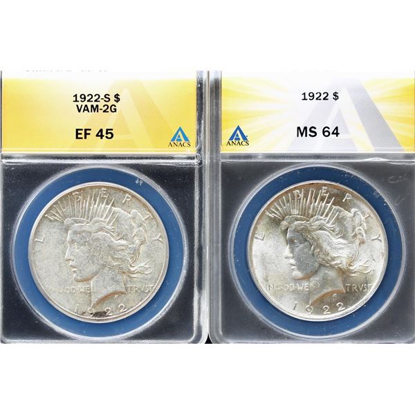 USA;  1922 $1 Choice Mint State-64 & 1922-S Vam-2G Choice Extra Fine-45 both ANACS graded.  Lot of 2