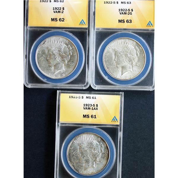 USA;  1922 $1 Vam-2, 1922-S Vam-2G & 1923-S Vam-1AX all ANACS graded Mint State-61-Choice Mint State