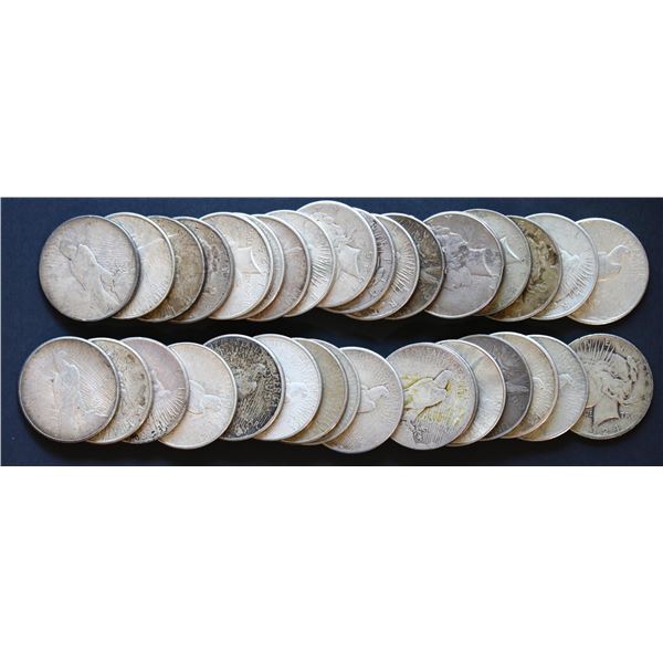 USA;  Peace Dollars Mixed date lot 1924-S-1928-S, Lot of 34 coins VG to AU.