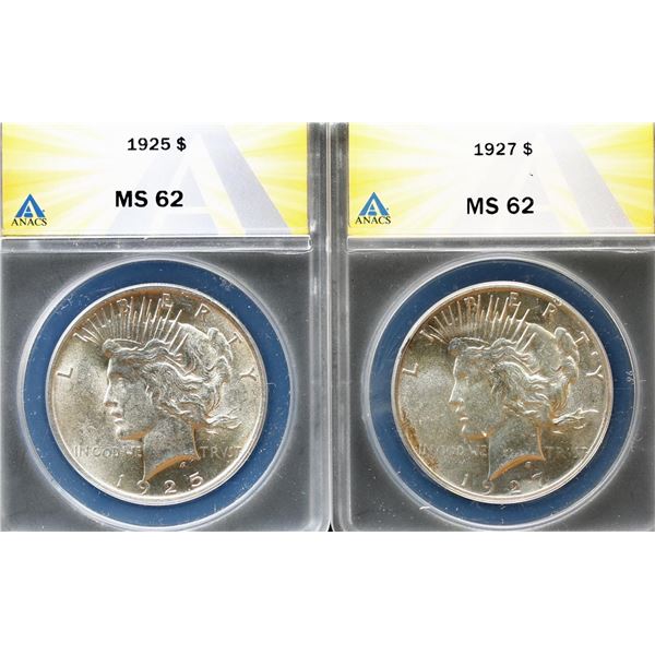 USA;  1925 $1 & 1927 both ANACS Choice Mint State-62.  Lot of 2 coins.