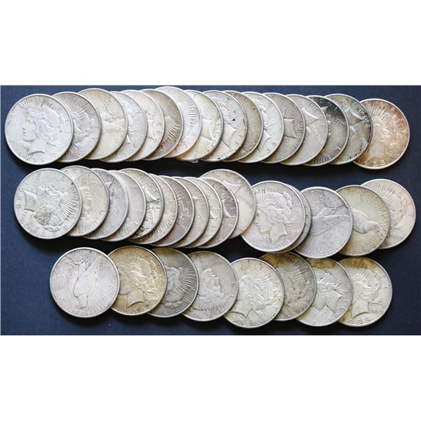 USA;  Peace Dollars 1934-D (7), 1934-S (9), , 1935 (8), 1935-S (19), Lot of 43 coins VG to AU.