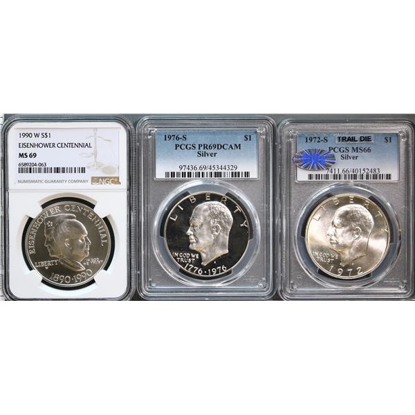 USA;  1972-S $1 Superb Gem Mint State-66 Diva Trail Die, 1976-S Splendid PROOF-69DCAM T1 both PCGS &