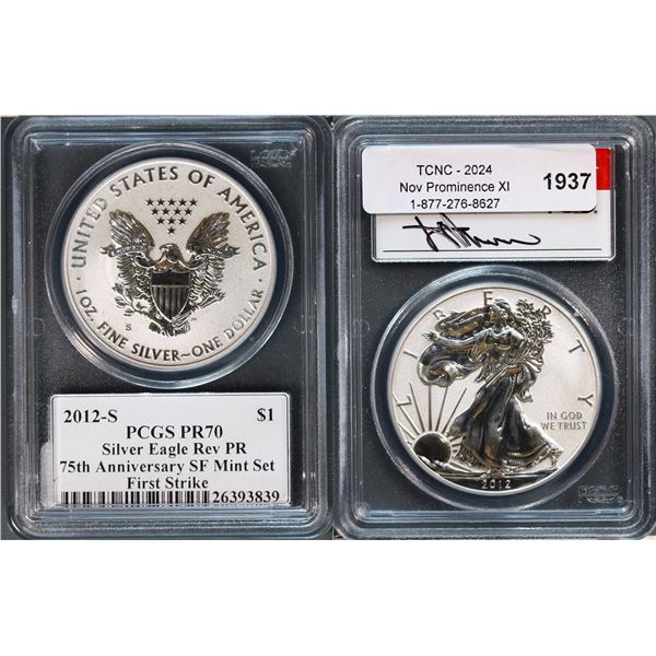 USA;  2012-S $1 Silver Eagle Rev PR 75th Anniversary SF Mint Set First Strike  PCGS Perfect PROOF-70