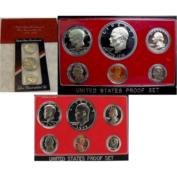 USA; 1776-1976(2) Bicentennial Silver Unc Set, 1776-1976 PROOF set, 1977 PROOF set.  Lot of 4 sets.