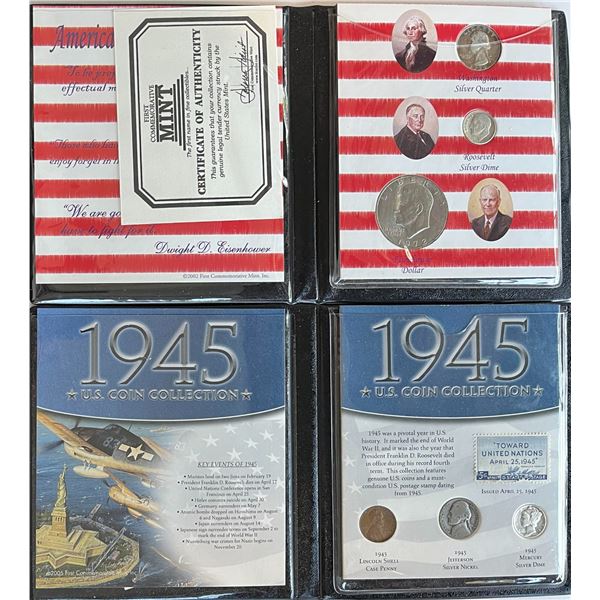 USA; 1945(2) Stamp & Coin Collection, 1972 3 coin Set Americas Freedom Fighter.  Lot of 3 sets