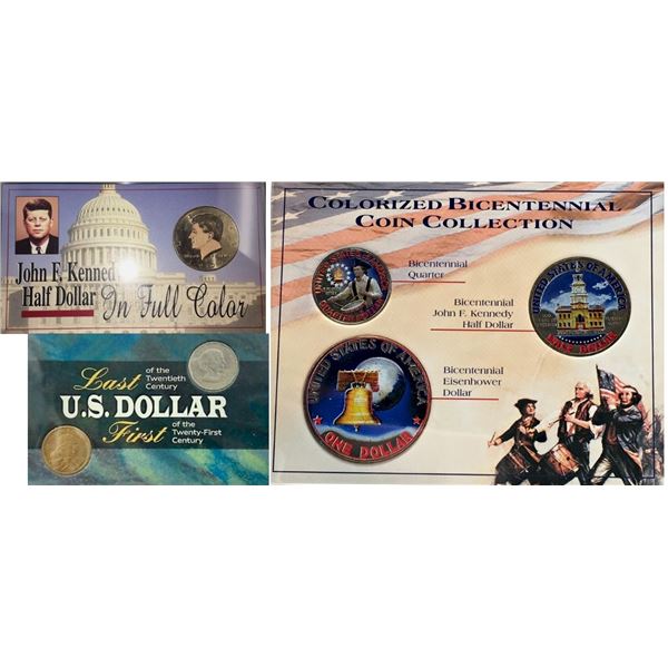 USA; 1997 50¢ John F Kennedy in Full Color, Coin Set 1999 Susan B Anthony & 2000 Sacagawea