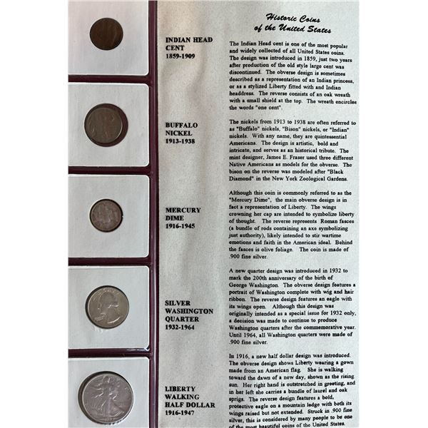 USA; Historic Coins of the United States, 1¢, 5¢, 10¢, 25¢, 50¢.