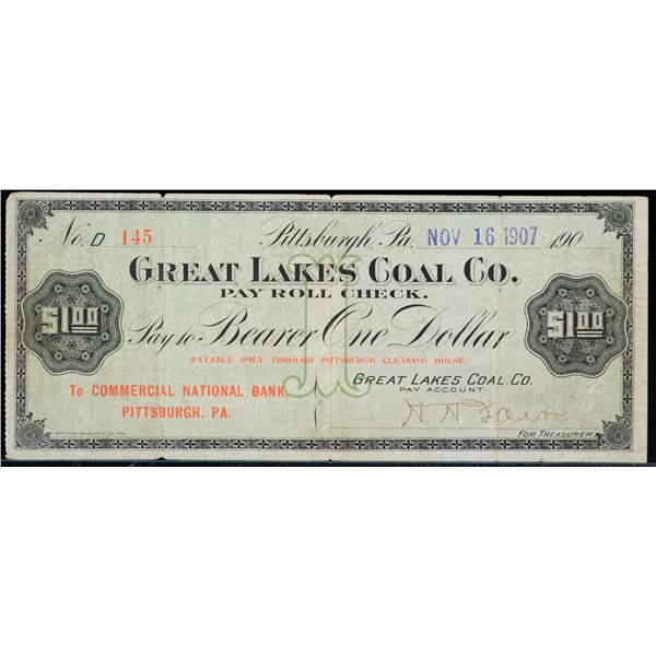 Scrip;  USA 1907 $1 Great Lakes Coal Company Pittsburgh Clearing House Scrip.