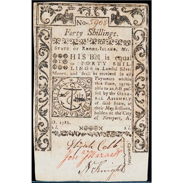 USA;  Colonial Note - Rhode Island 1786 Forty Shillings (Two Pounds).