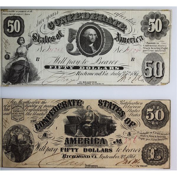 USA Confederate Notes;  1861 $50.  Lot of 2 different notes.