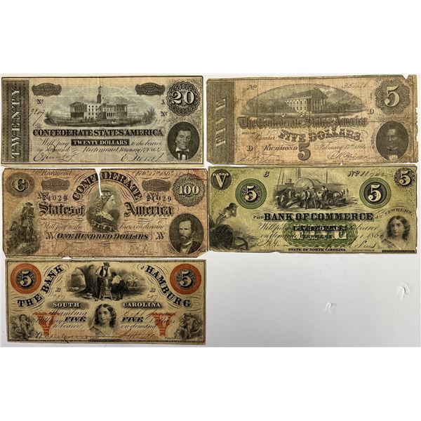 USA; Lot of 5 different Obsolete/Confederate State banknotes. Grades vary VG-VF. A superb lot.