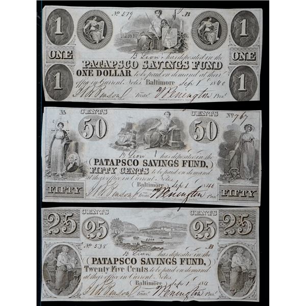 USA;  Obsolete Currency - Baltimore Maryland Patapsco Savings Fund 25 Cents. 50 Cents & 1 Dollar iss
