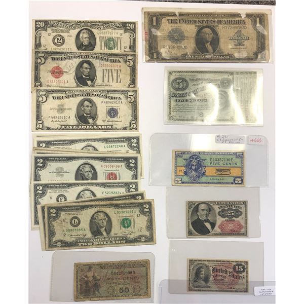 USA; Mixed lot, includes small fractional notes, Military Certificate and more.  Lot of 17 notes.  G